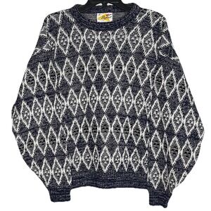 Vintage Poplar Knit Sweater Men XL Navy White Diamond Geometric Pattern 1980-90s